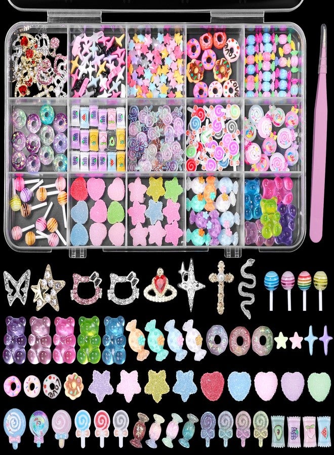 CESUSME 3D Mix Nail Charms Kit, Lollipop Nail Art Charms, Color Cute Gummy Bear Donut Star Heart Acrylic Nail Charm, Alloy Cross Star Butterfly Snake Crown Nail Gems Rhinestones Charms DIY Crafts Decor - Image 1